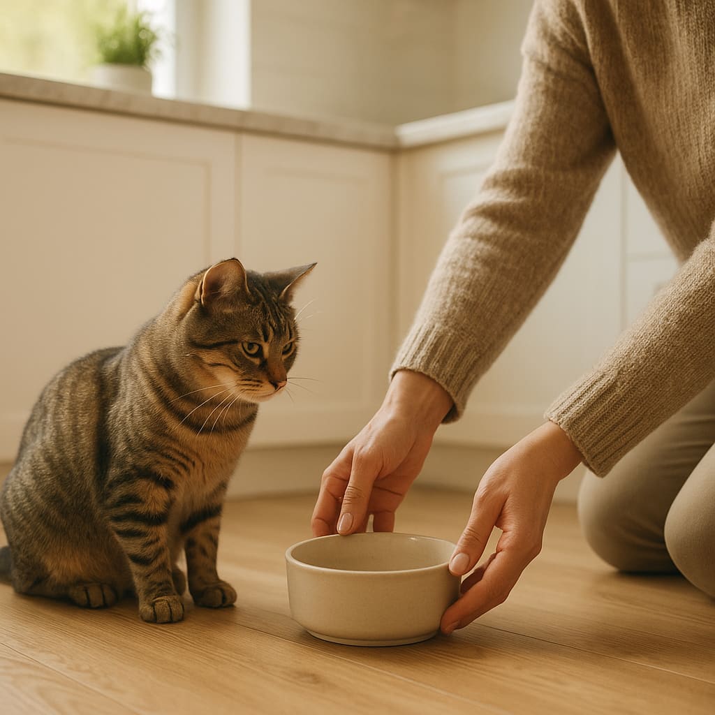Tiersitterin füttert eine Katze in der Küche